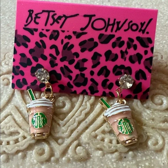 NWT & Retired Betsey Johnson Pink and Green Coffee Cup Earrings glitzy - Picture 1 of 1
